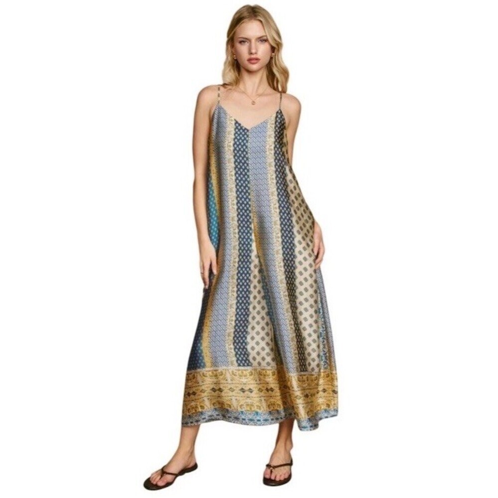 Wide Leg Silky Satin Boho Patchwork Palazzo Jumpsuit L Hippie Festival Gypsy - Picture 2 of 16